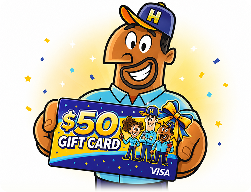 Smiling Horizon Services technician holding a $50 Visa gift card