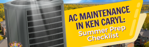 Large air conditioning unit in foreground with suburban neighborhood in background; text reads "AC Maintenance in Ken Caryl: Summer Prep Checklist." Horizon logo in corner.