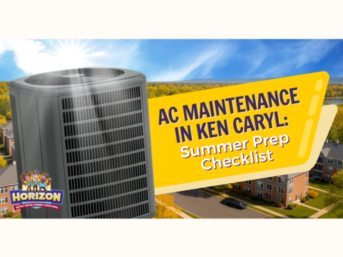 Large air conditioning unit in foreground with suburban neighborhood in background; text reads "AC Maintenance in Ken Caryl: Summer Prep Checklist." Horizon logo in corner.