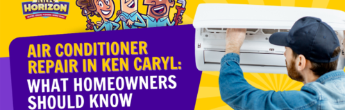 A man repairs a wall-mounted air conditioner next to text promoting air conditioner repair Ken Caryl, with helpful information for homeowners, plus cartoon characters and houses in the background.