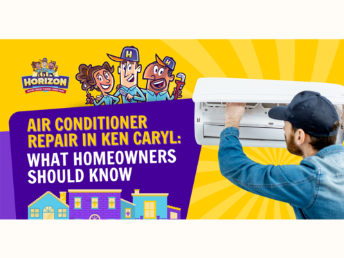 A man repairs a wall-mounted air conditioner next to text promoting air conditioner repair Ken Caryl, with helpful information for homeowners, plus cartoon characters and houses in the background.