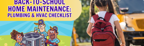 A child with a red backpack walks toward a school bus; a graphic promotes a back-to-school home maintenance plumbing and HVAC checklist.
