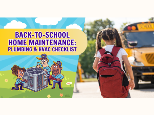 A child with a red backpack walks toward a school bus; a graphic promotes a back-to-school home maintenance plumbing and HVAC checklist.
