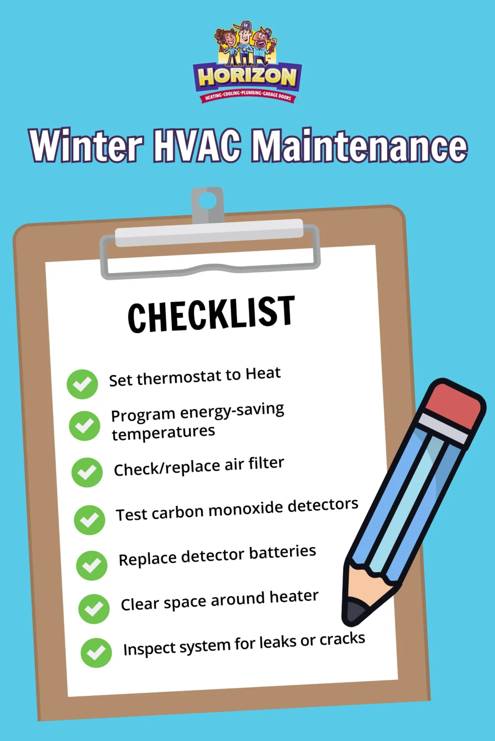 A winter HVAC maintenance checklist on a clipboard, with a large pencil, listing seven tasks below a Horizon logo on a purple background—perfect for homeowners seeking reliable HVAC maintenance in Ken Caryl.