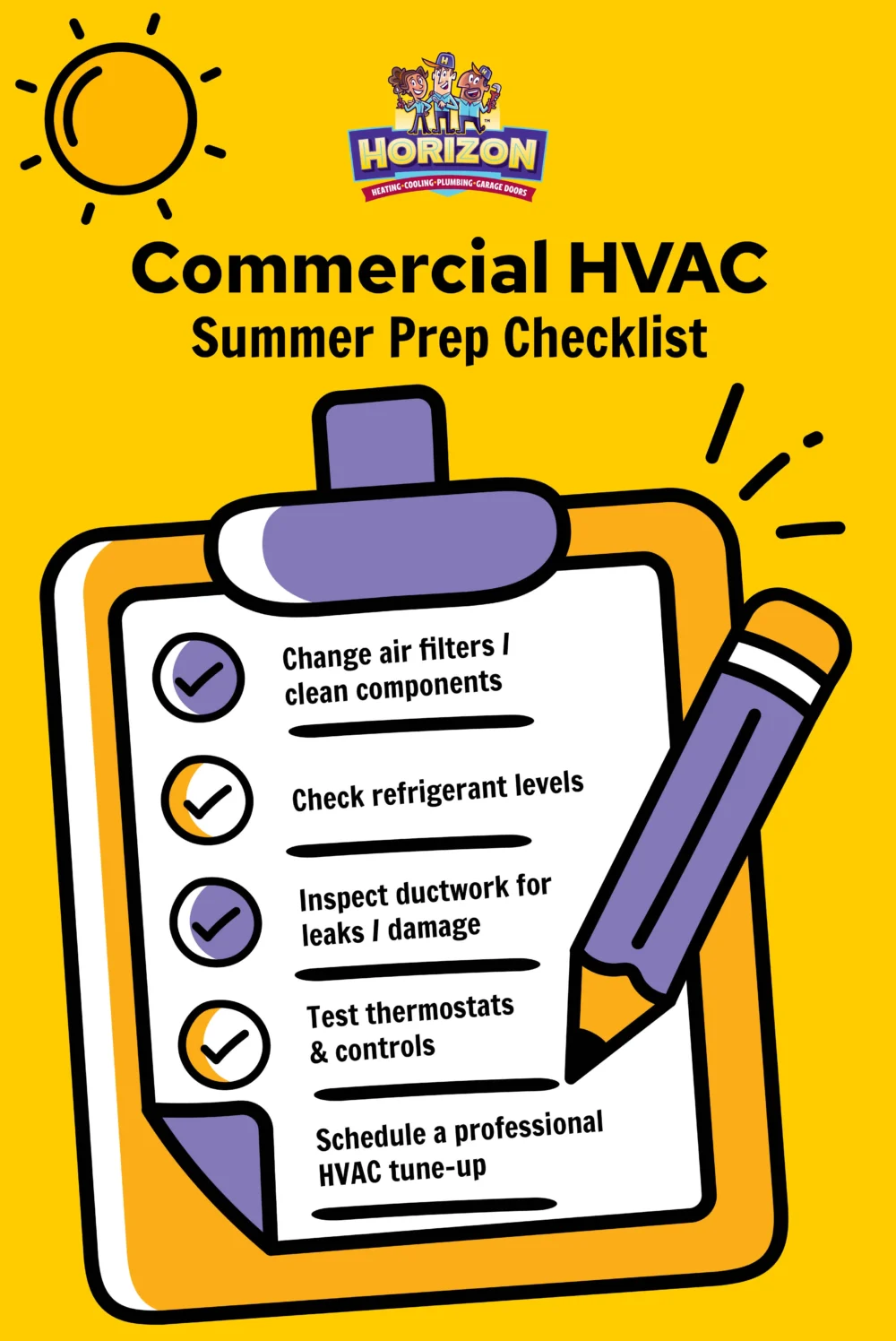 Horizon Services Commercial HVAC Summer Prep checklist on a clipboard with a pencil, listing maintenance tasks like changing air filters, checking refrigerant, and scheduling a tune-up.