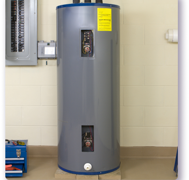 grey water heater on white brick wall