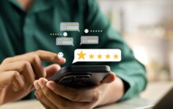 Person using a smartphone, with digital review ratings of 3.5, 4.0, and 5.0 stars displayed onscreen, representing customer feedback and online reviews.